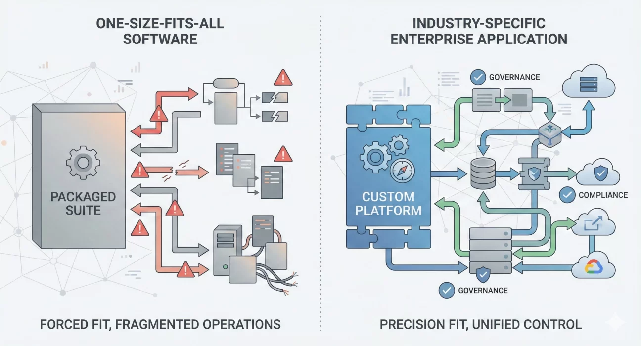 Split illustration comparing one-size-fits-all packaged software with an industry-specific enterprise application. The left side shows a packaged suite forcing fragmented workflows, broken integrations, and warning icons, while the right side shows a custom enterprise platform with unified data flows, governance, compliance, and controlled integrations.