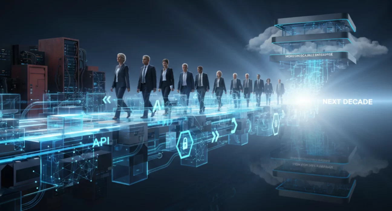 Enterprise leaders reviewing future enterprise application development trends, including composable architecture, AI adoption, platform engineering, and large-scale integration challenges.