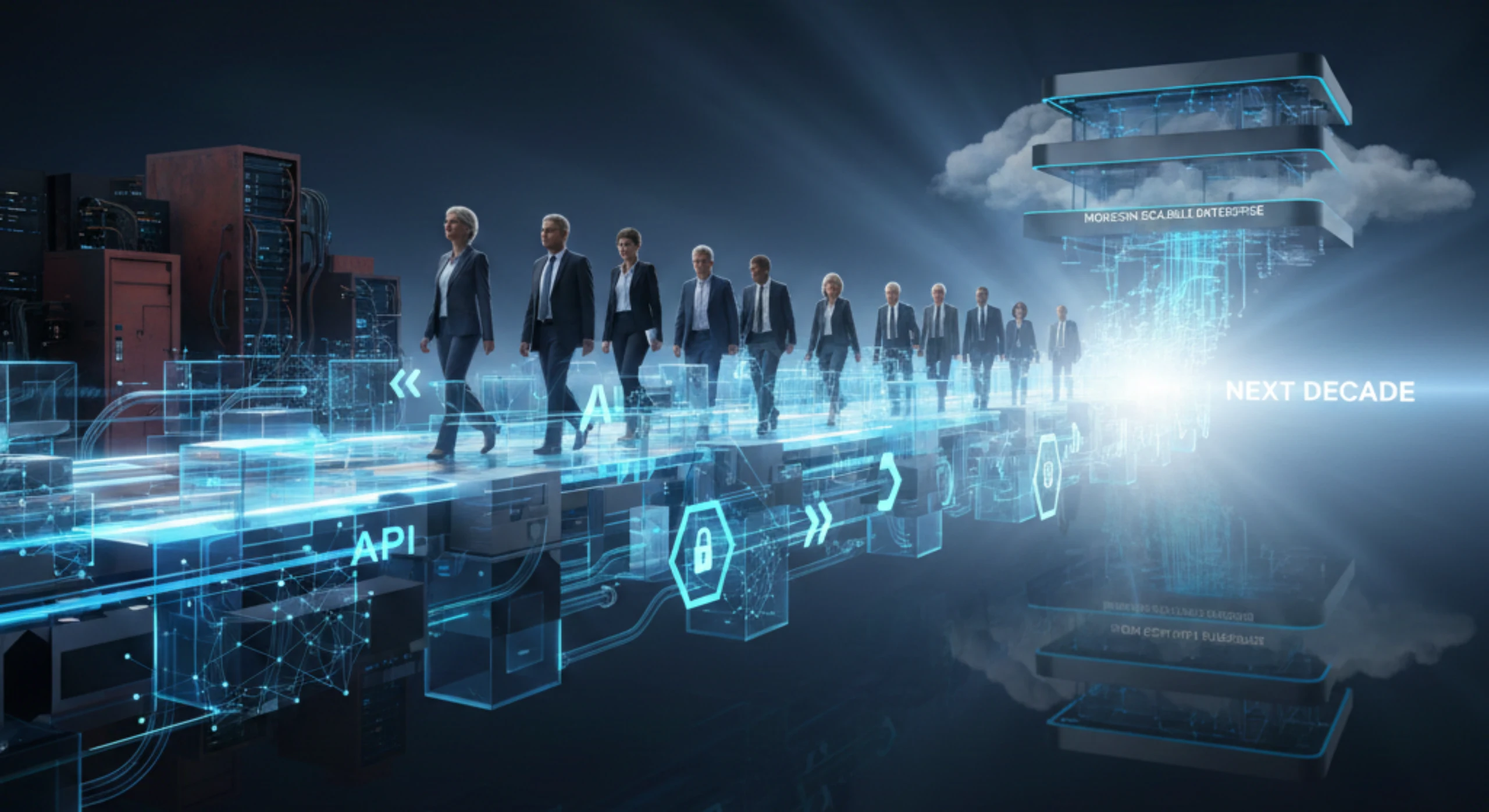 Enterprise leaders reviewing future enterprise application development trends, including composable architecture, AI adoption, platform engineering, and large-scale integration challenges.