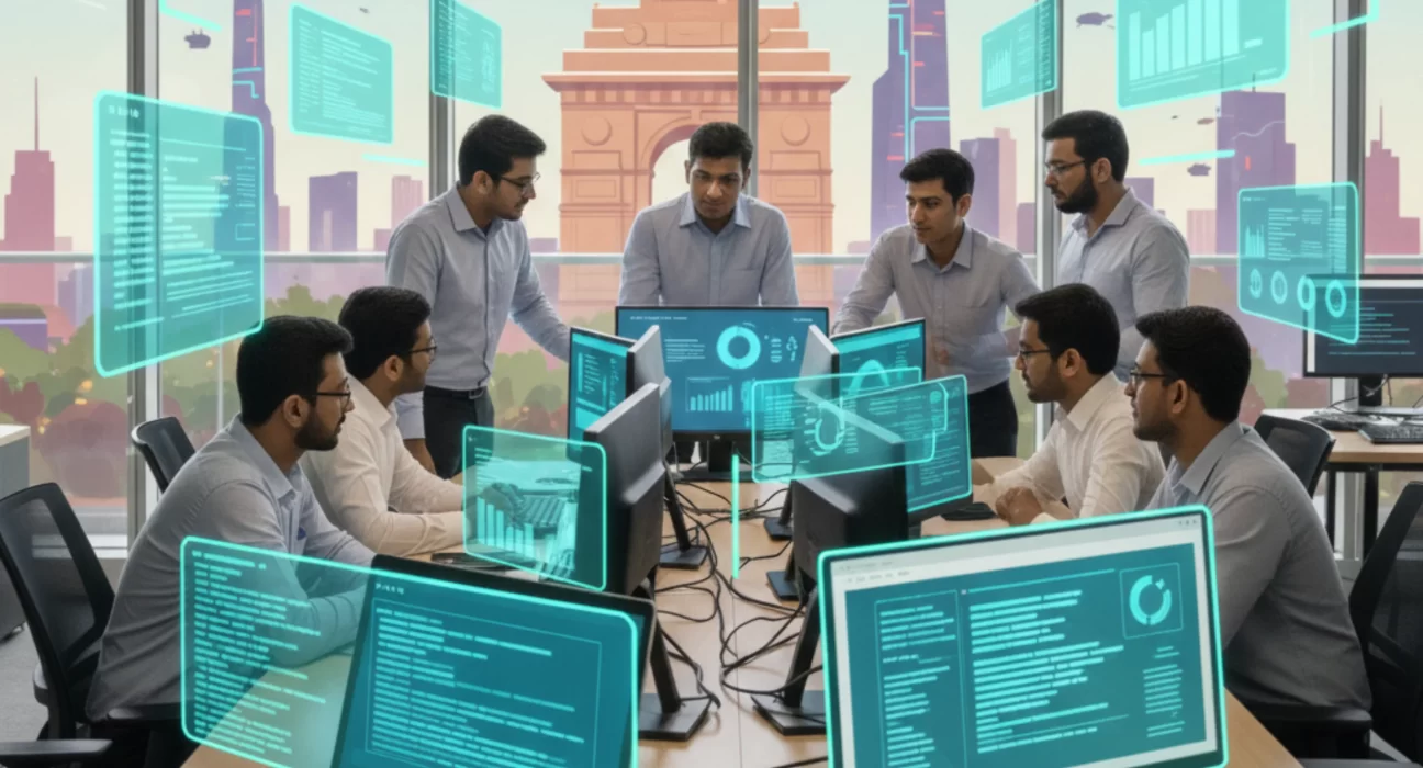 Realistic office scene of mobile app developers in Delhi NCR working on Android and iOS applications.