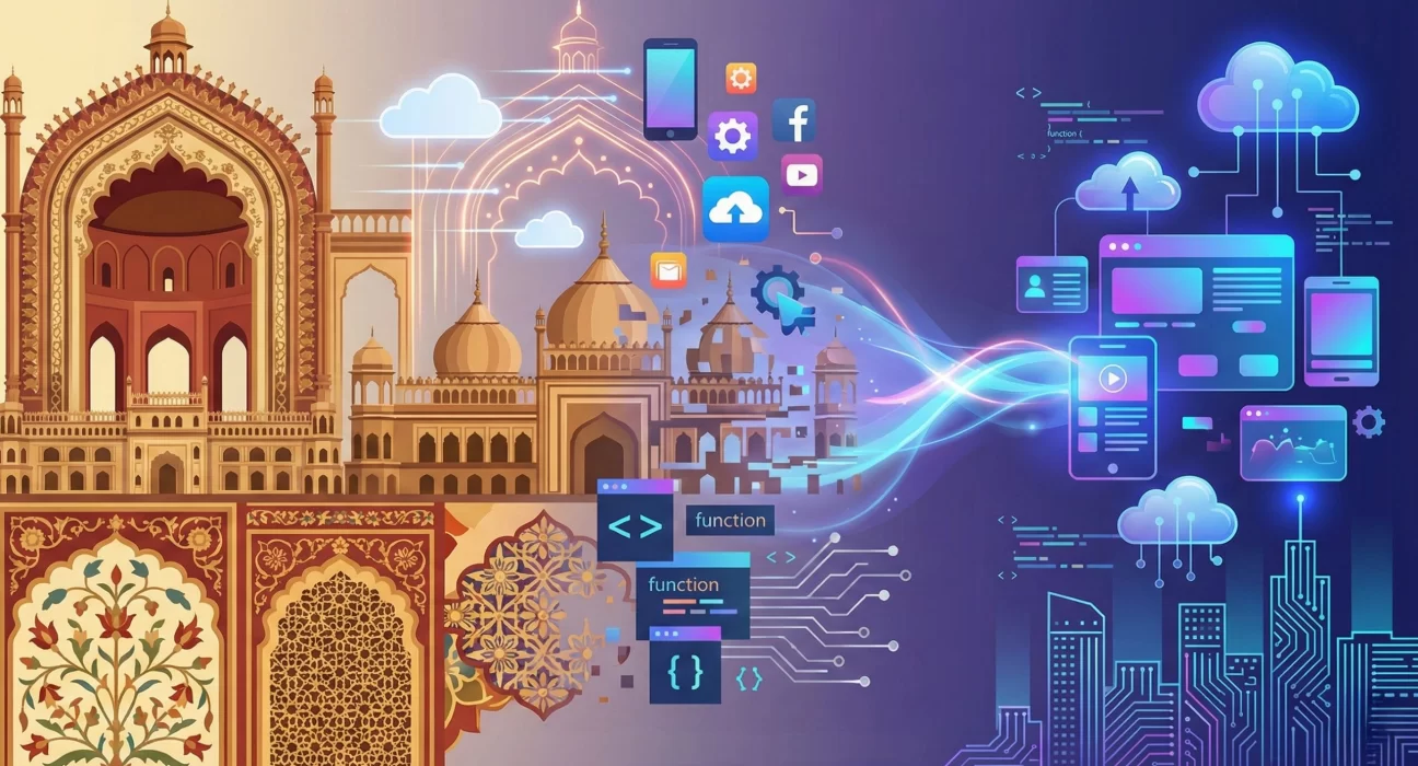 Illustration depicting Lucknow’s iconic heritage architecture transforming into modern mobile app development elements, including cloud computing, app icons, coding interfaces, and digital dashboards, symbolising the city’s evolution into a technology and mobile app development hub.