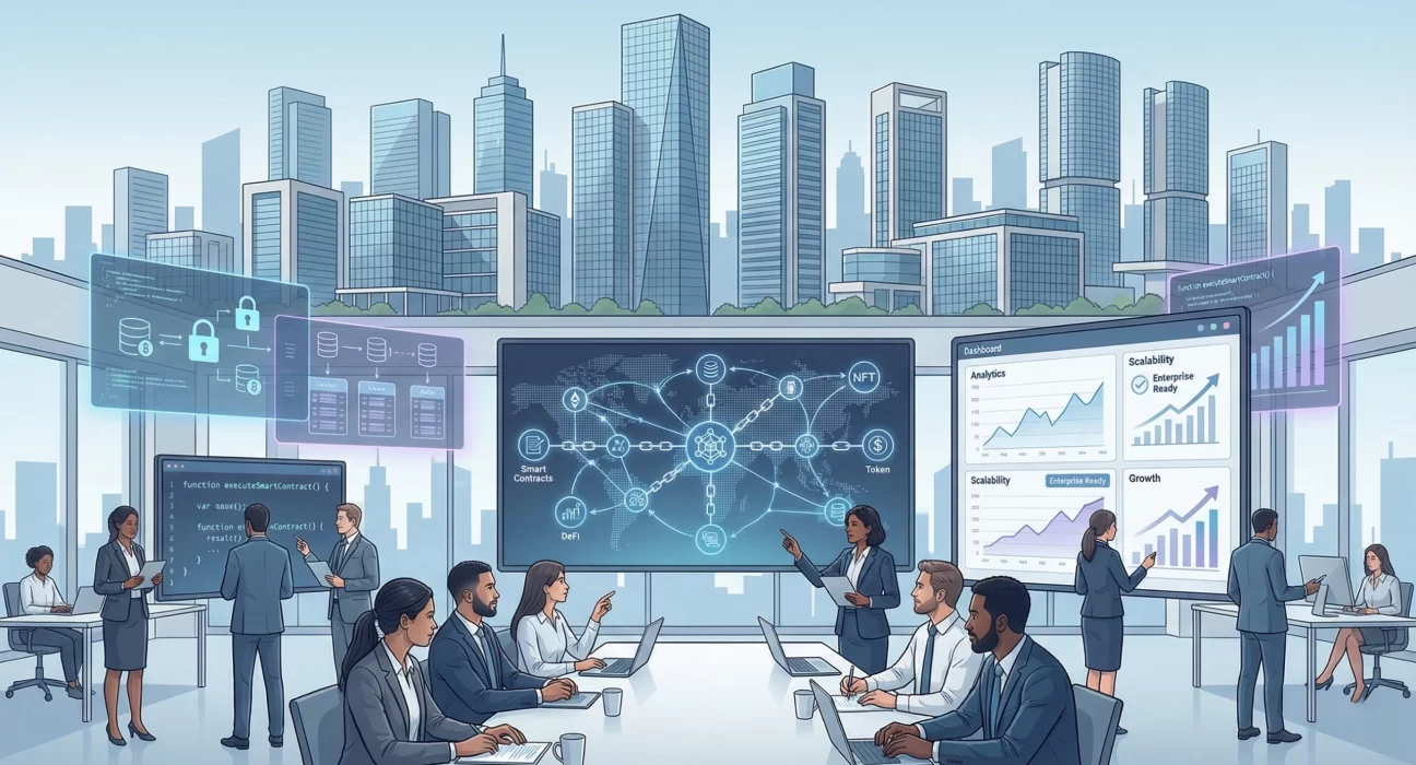 Blockchain experts in a corporate Mumbai office analysing smart contracts, tokenisation, NFTs, DeFi workflows, and scalability dashboards on large digital screens, with a modern Mumbai cityscape in the background, showcasing enterprise blockchain development capabilities.