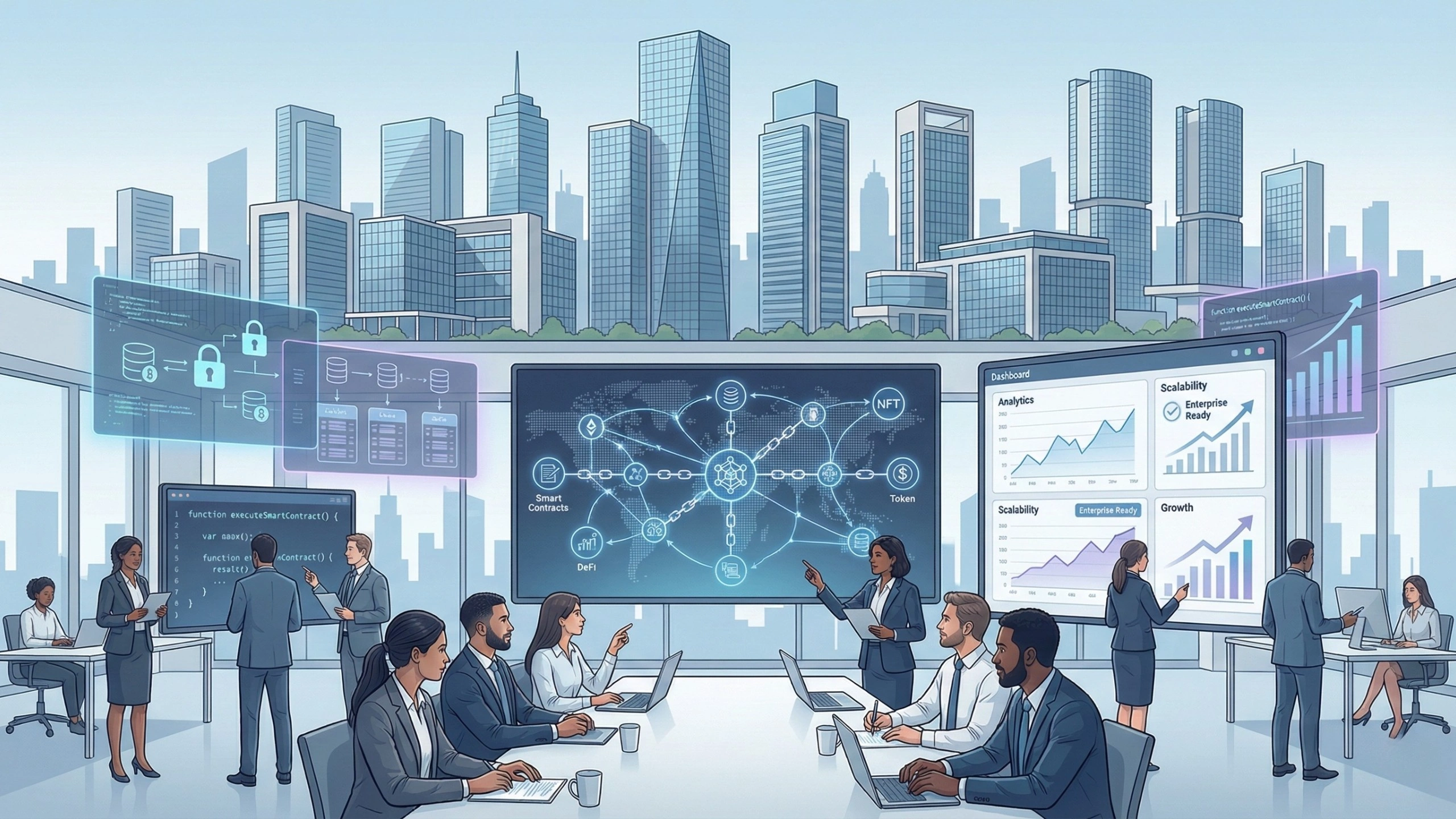 Blockchain experts in a corporate Mumbai office analysing smart contracts, tokenisation, NFTs, DeFi workflows, and scalability dashboards on large digital screens, with a modern Mumbai cityscape in the background, showcasing enterprise blockchain development capabilities.