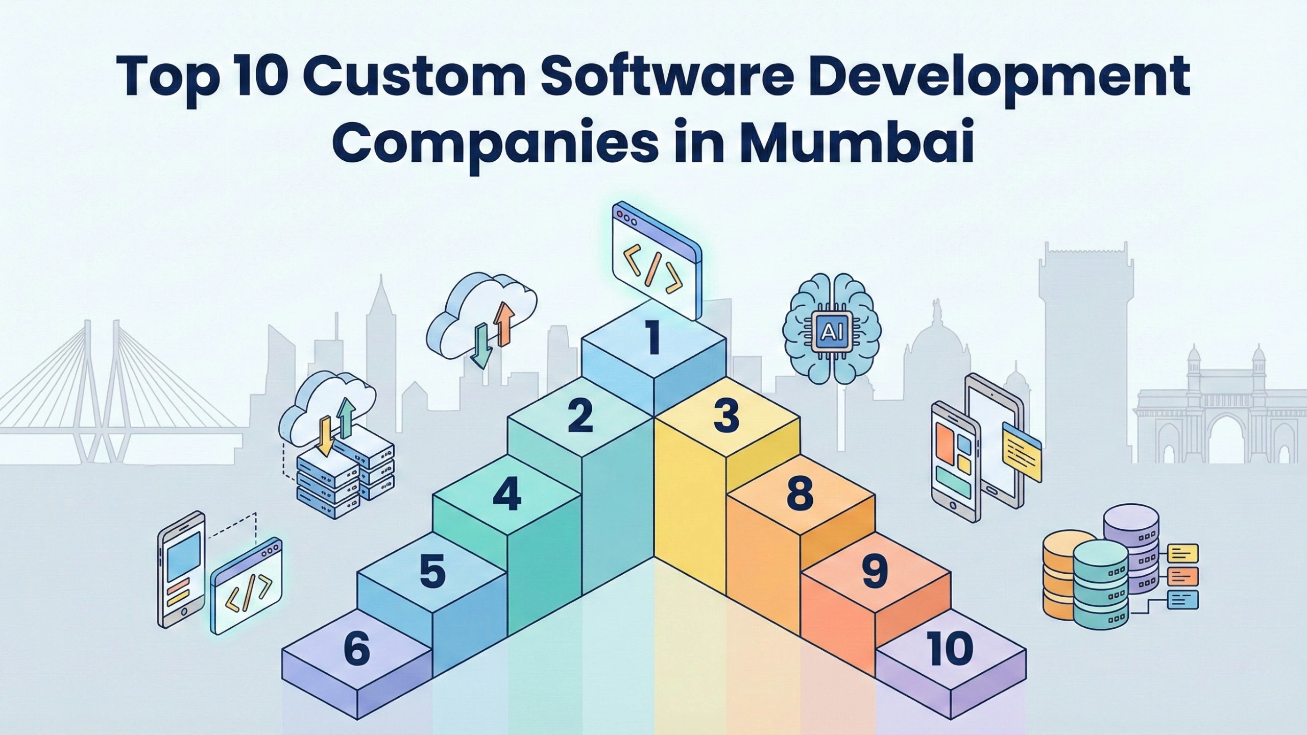 Illustrated ranking pyramid labeled from 1 to 10 representing the top custom software development companies in Mumbai, surrounded by icons for cloud computing, code development, AI, mobile applications, and databases, with the Mumbai skyline and landmarks subtly visible in the background.
