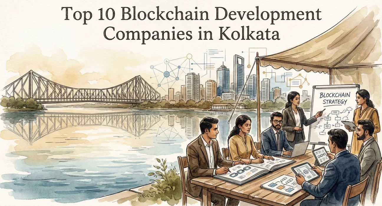 Illustration showing a professional blockchain strategy meeting by the river in Kolkata, featuring business professionals discussing blockchain development with the Howrah Bridge and city skyline in the background.