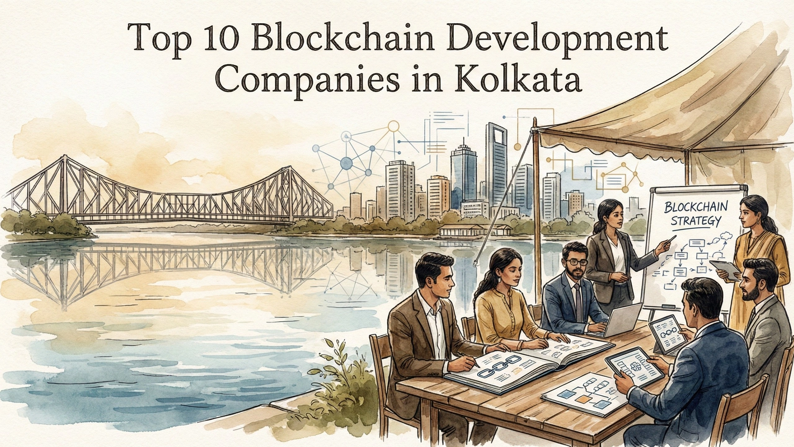 Illustration showing a professional blockchain strategy meeting by the river in Kolkata, featuring business professionals discussing blockchain development with the Howrah Bridge and city skyline in the background.