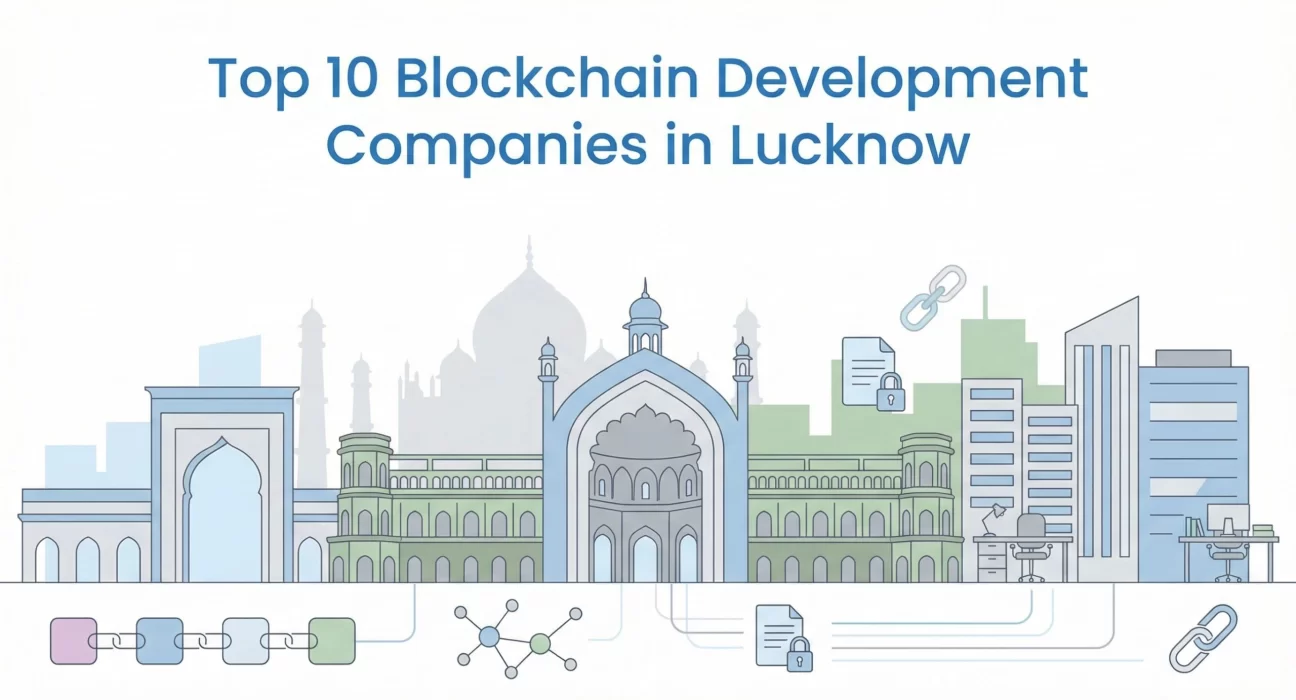 Clean, minimalist line art graphic of the Rumi Darwaza with subtle pastel blockchain links, illustrating the top development firms in Lucknow.