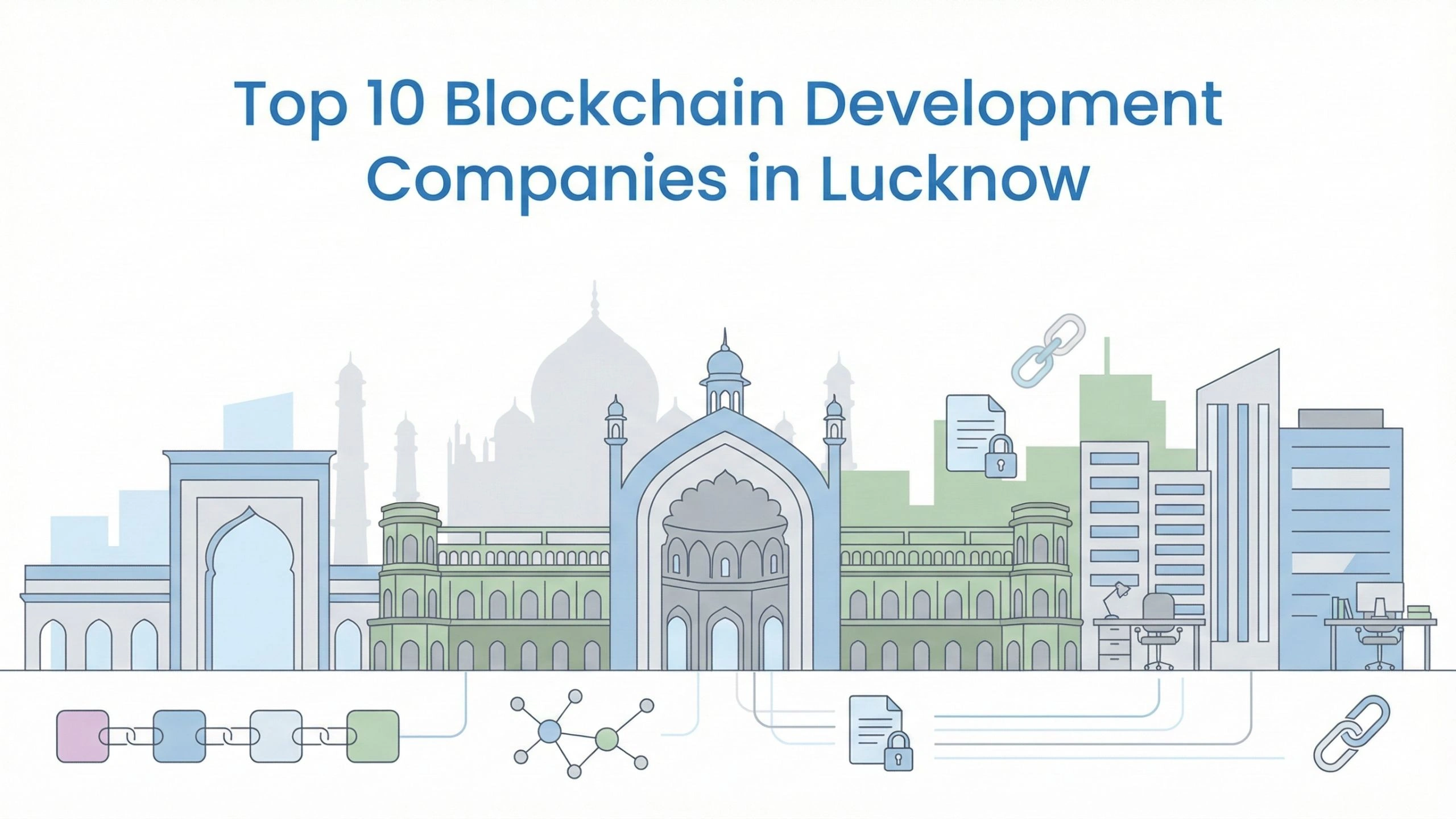 Clean, minimalist line art graphic of the Rumi Darwaza with subtle pastel blockchain links, illustrating the top development firms in Lucknow.
