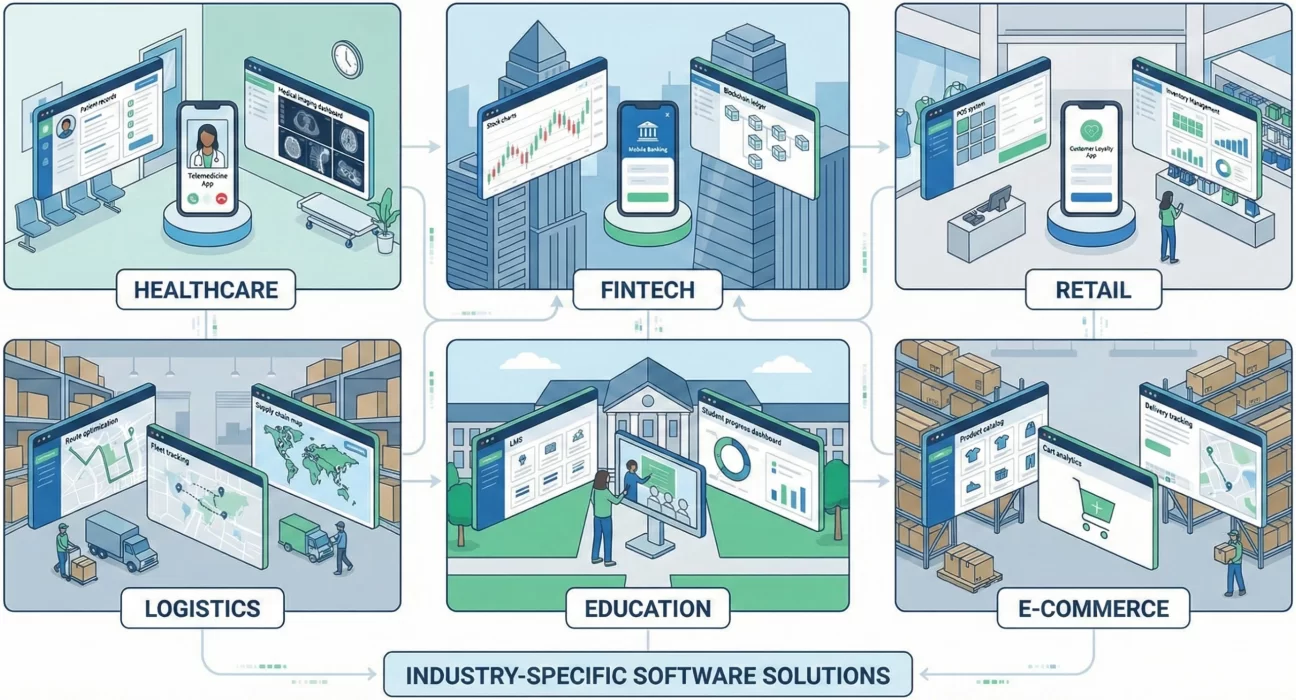 An infographic titled "Industry-Specific Software Solutions" showing six distinct business sectors: Healthcare, Fintech, Retail, Logistics, Education, and E-commerce. Each section features stylized digital interfaces such as telemedicine apps for healthcare, blockchain ledgers for fintech, inventory management for retail, fleet tracking for logistics, learning management systems for education, and cart analytics for e-commerce. The sectors are interconnected by subtle data flow lines, illustrating a unified digital ecosystem.