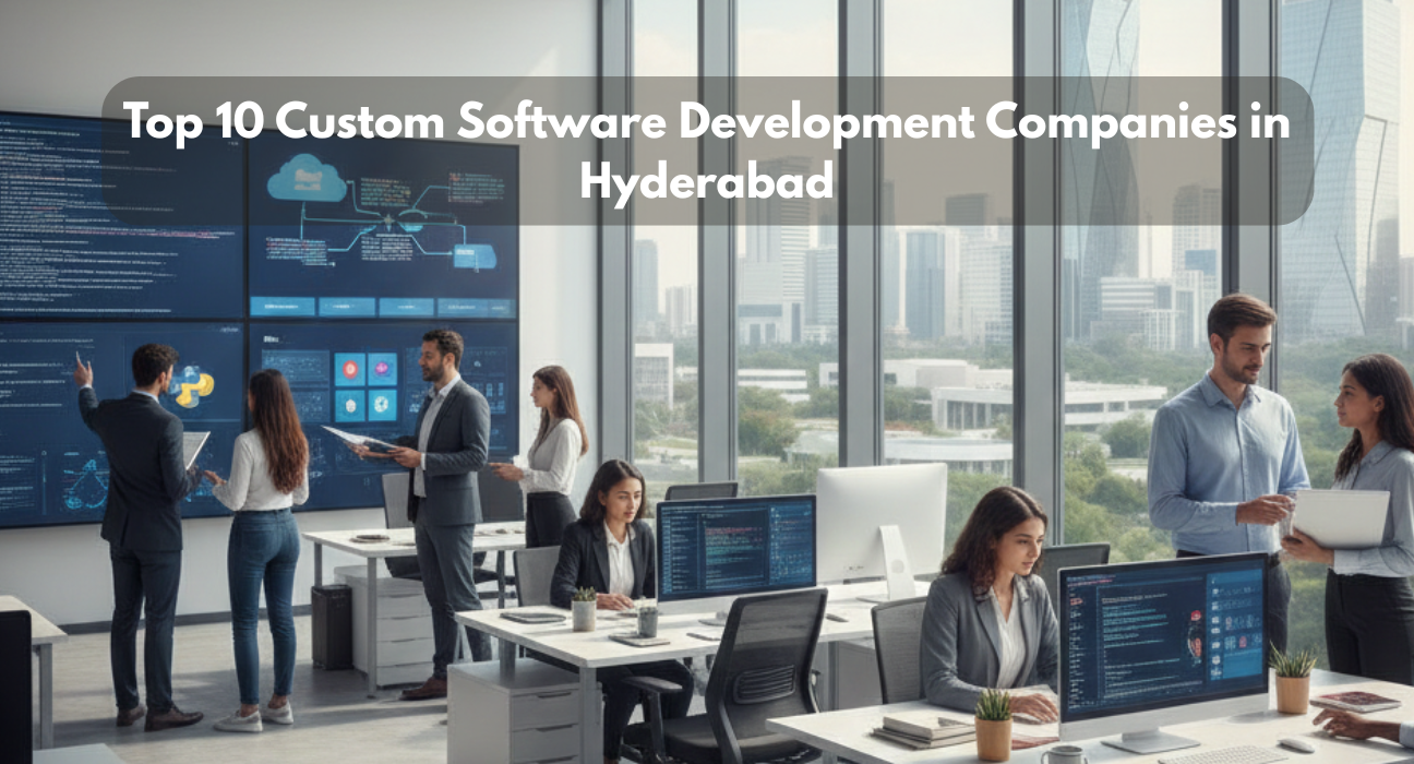 Top 10 custom software development companies in Hyderabad showcasing modern IT professionals, software development, AI, cloud, and digital transformation solutions