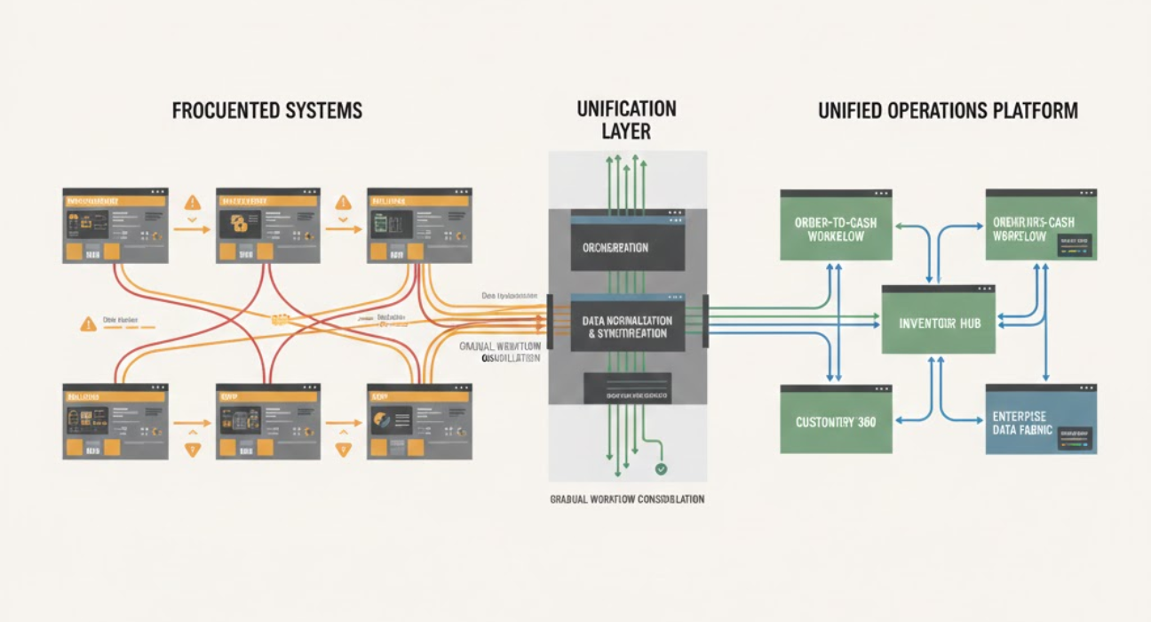Enterprise operations architecture showing fragmented systems, complex integrations, data silos, and the transition to a unified operations platform with end-to-end visibility