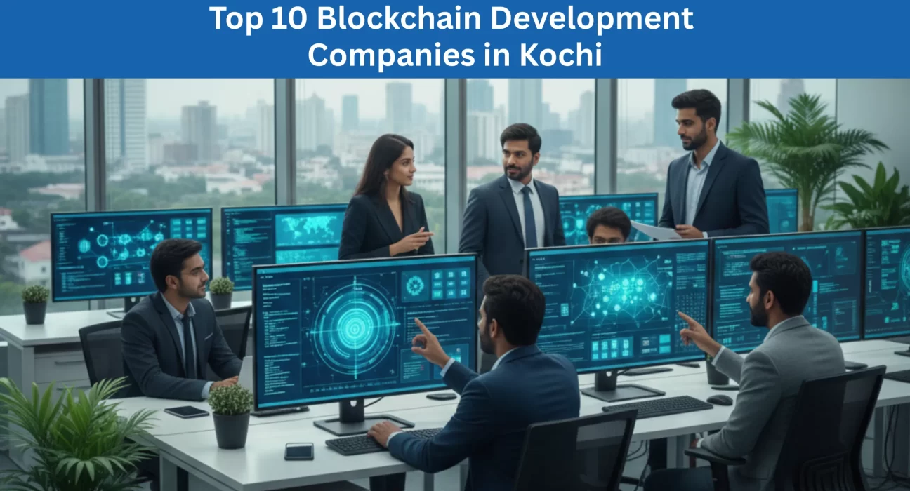 Blockchain development team collaborating on Web3 and enterprise solutions in a modern Kochi office