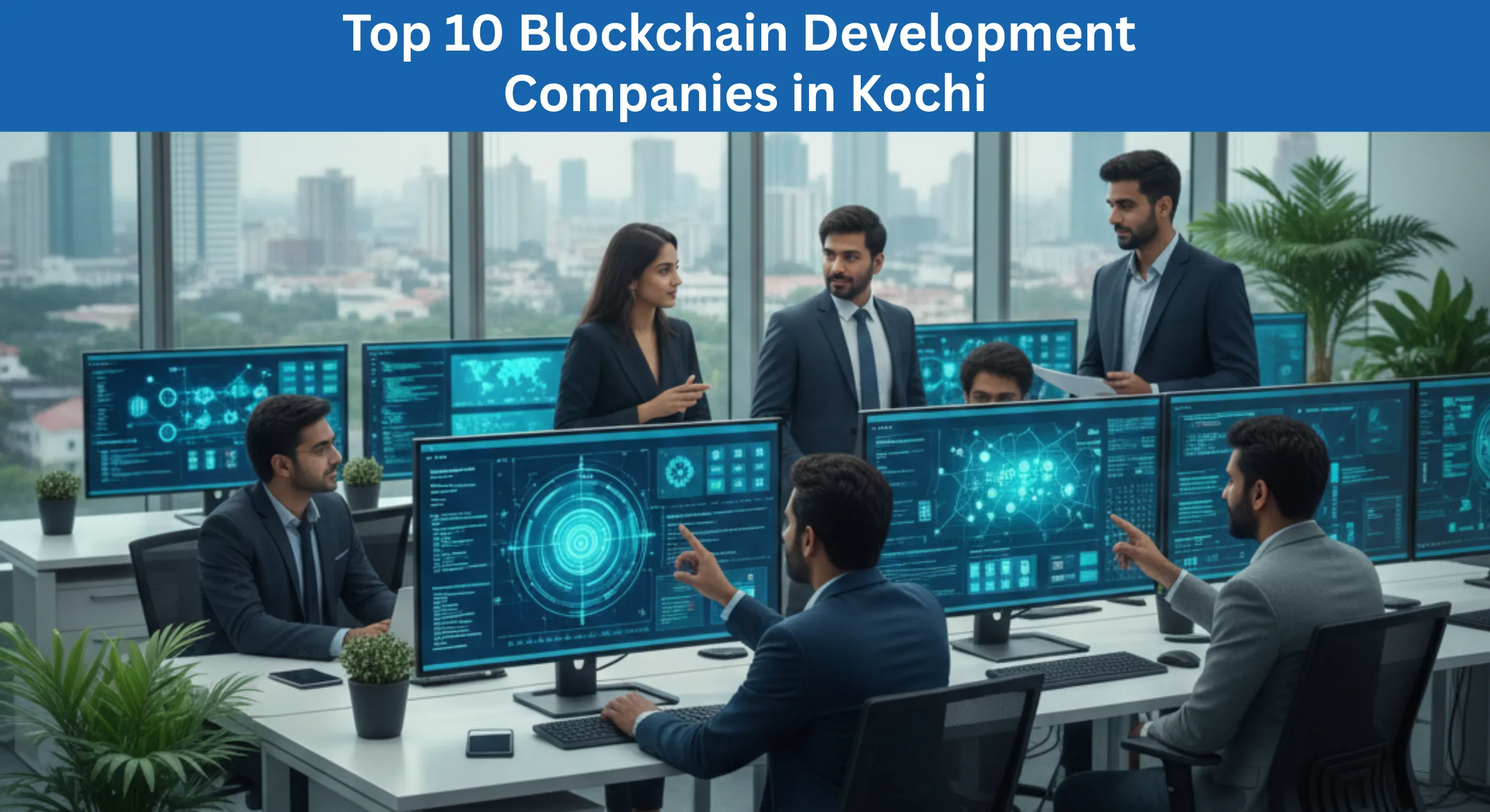 Blockchain development team collaborating on Web3 and enterprise solutions in a modern Kochi office