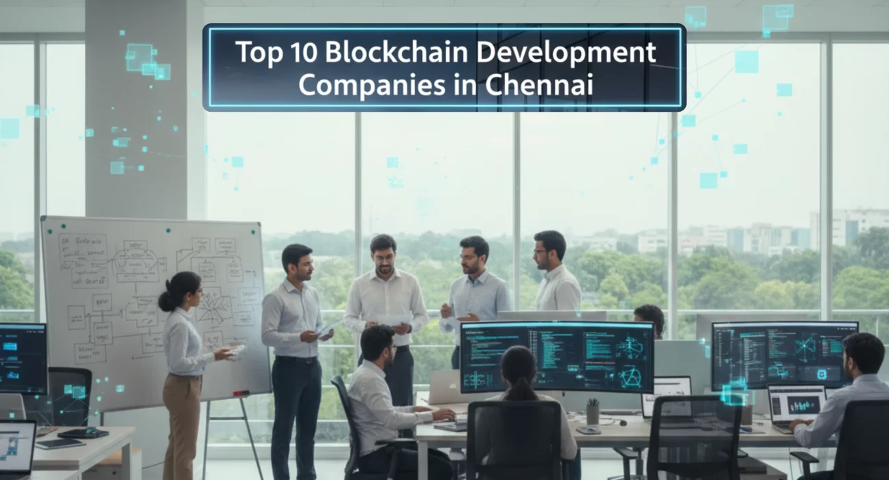 Blockchain developers and business professionals collaborating in a modern Chennai office with smart contract code, dashboards, and decentralised technology visuals.