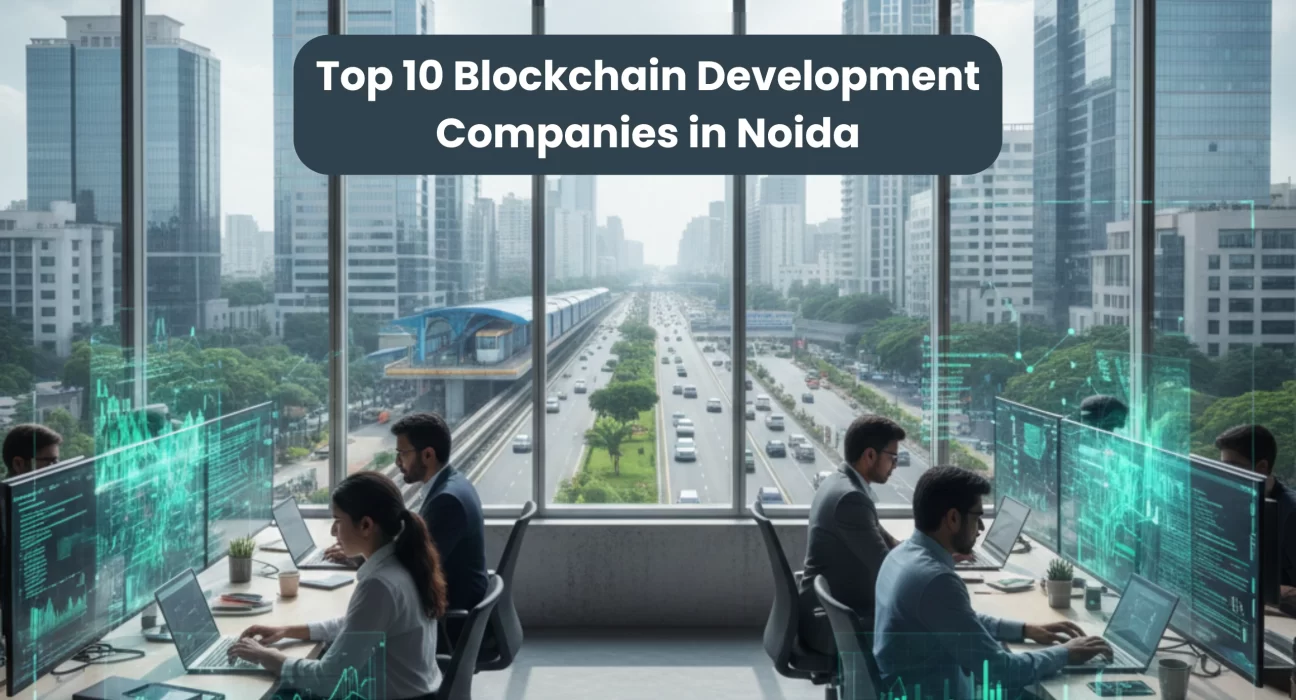 Blockchain developers working in a modern Noida office with city skyline and metro view, representing top blockchain development companies in Noida.