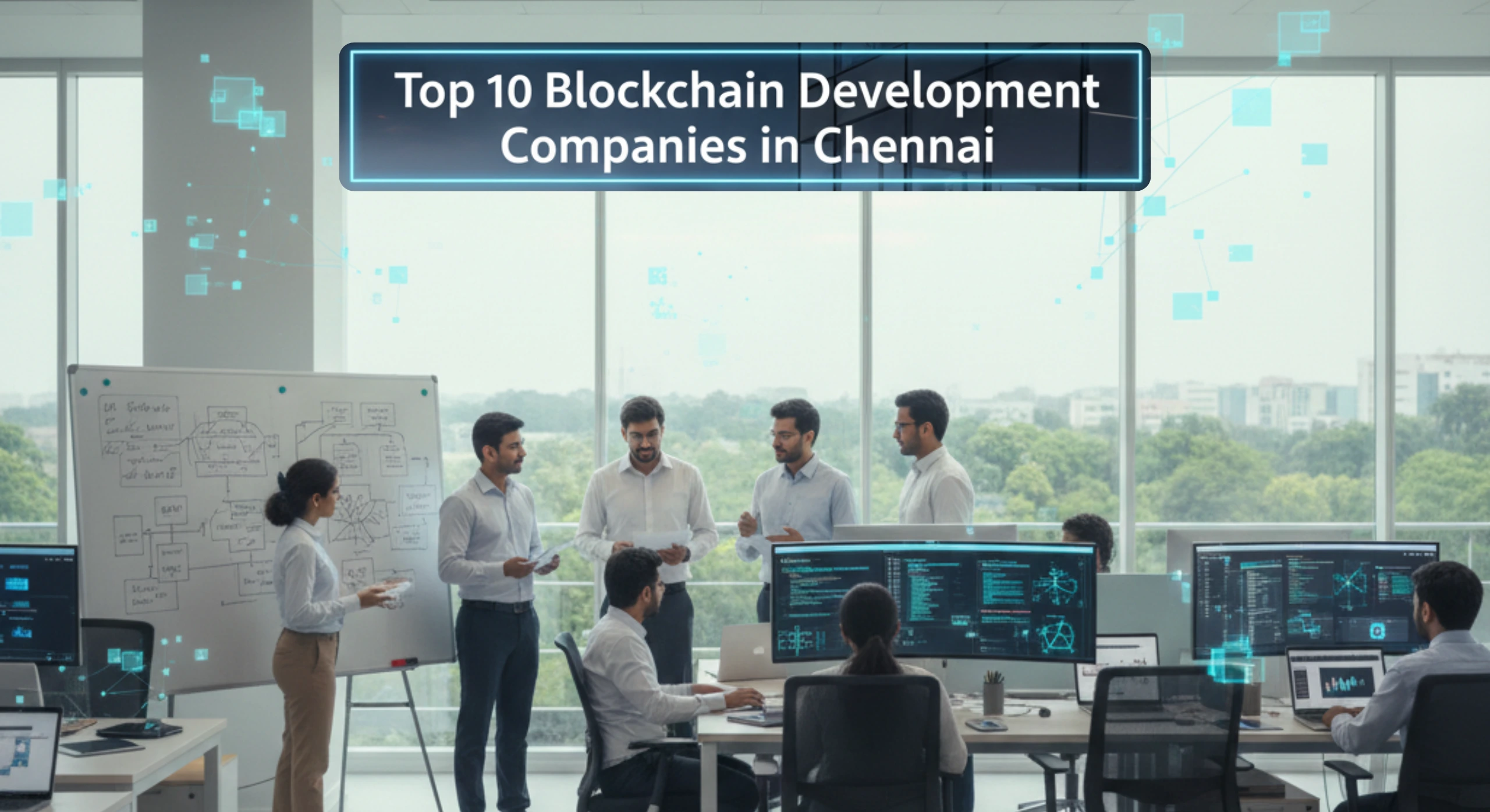 Blockchain developers and business professionals collaborating in a modern Chennai office with smart contract code, dashboards, and decentralised technology visuals.