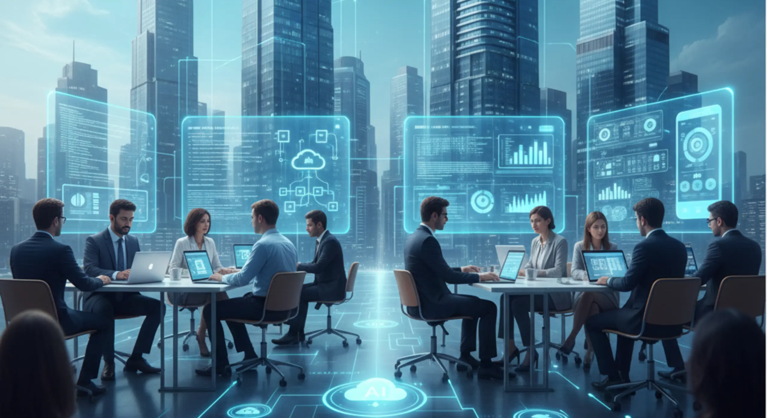 Software development teams collaborating in a modern office with AI dashboards, cloud architecture visuals, and a futuristic city skyline in the background.