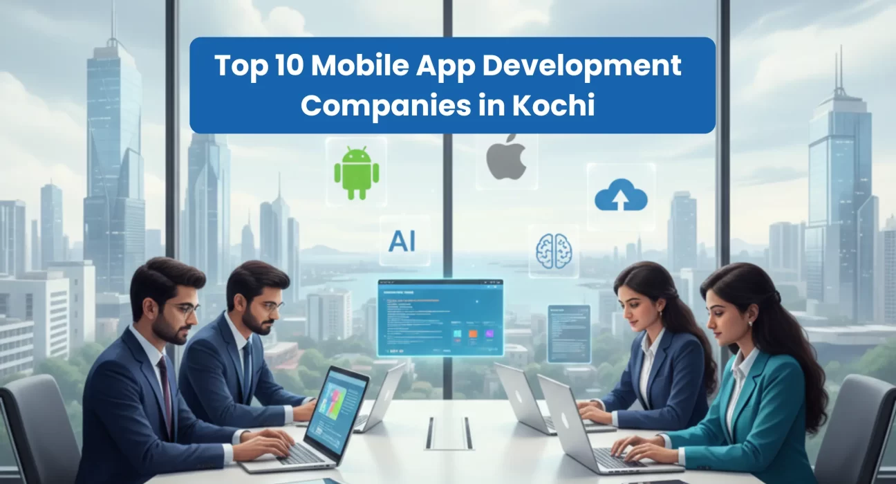 Mobile app development team in Kochi working on Android, iOS, AI, and cloud-based applications in a modern corporate office.