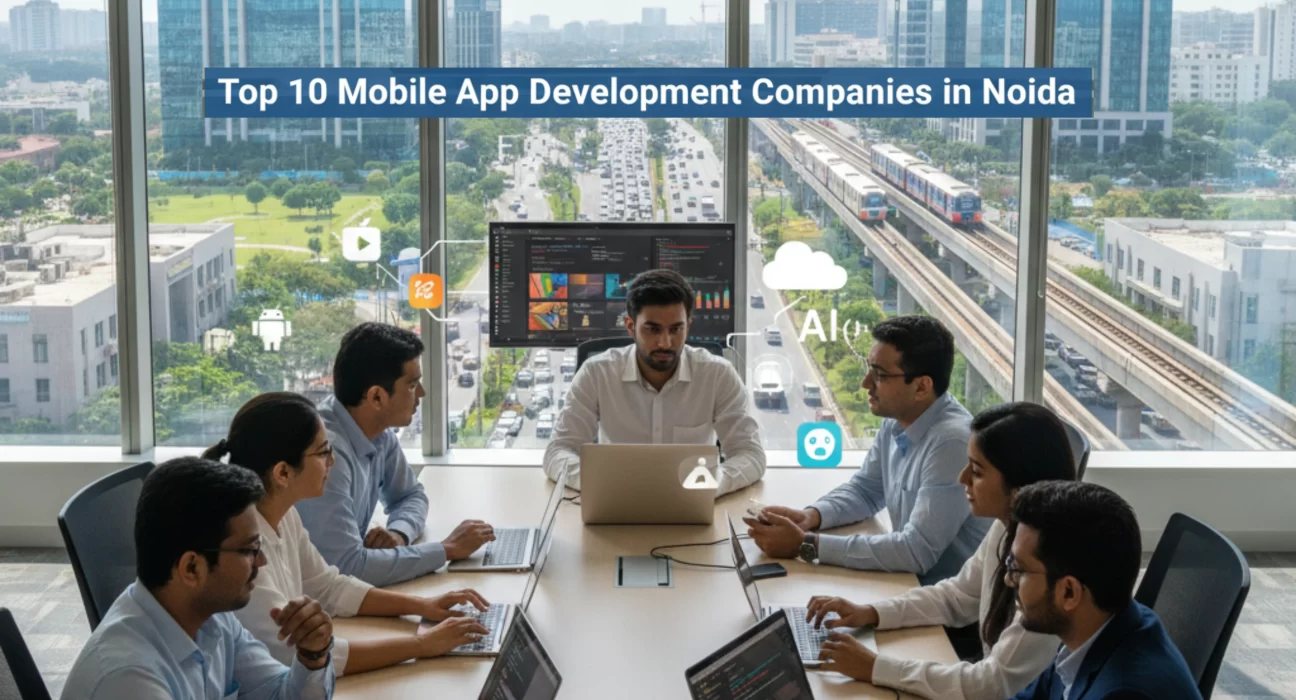 Mobile app development team in a modern Noida IT office collaborating on Android and iOS apps with Noida Metro, expressway, and corporate skyline visible.