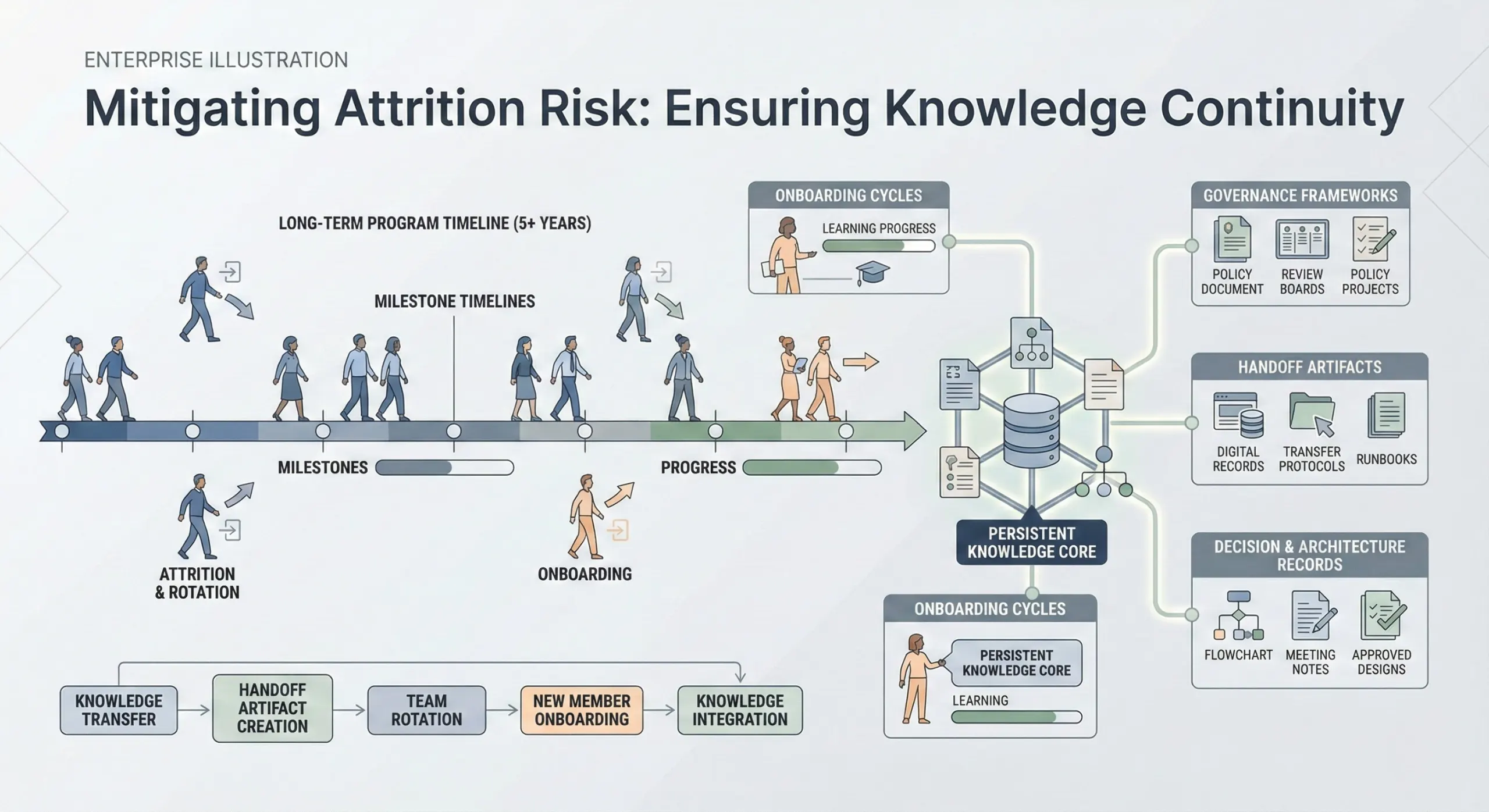 Enterprise program attrition risk illustration showing high churn impact across long-term transformation projects, knowledge continuity, and delivery timelines