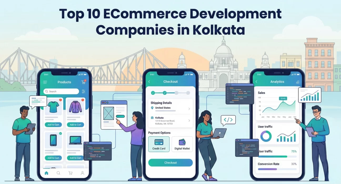 Illustration depicting eCommerce mobile applications for product browsing, checkout, and analytics, with developers working on code and dashboards, set against the Kolkata skyline featuring Howrah Bridge and Victoria Memorial, representing leading eCommerce development companies in Kolkata.