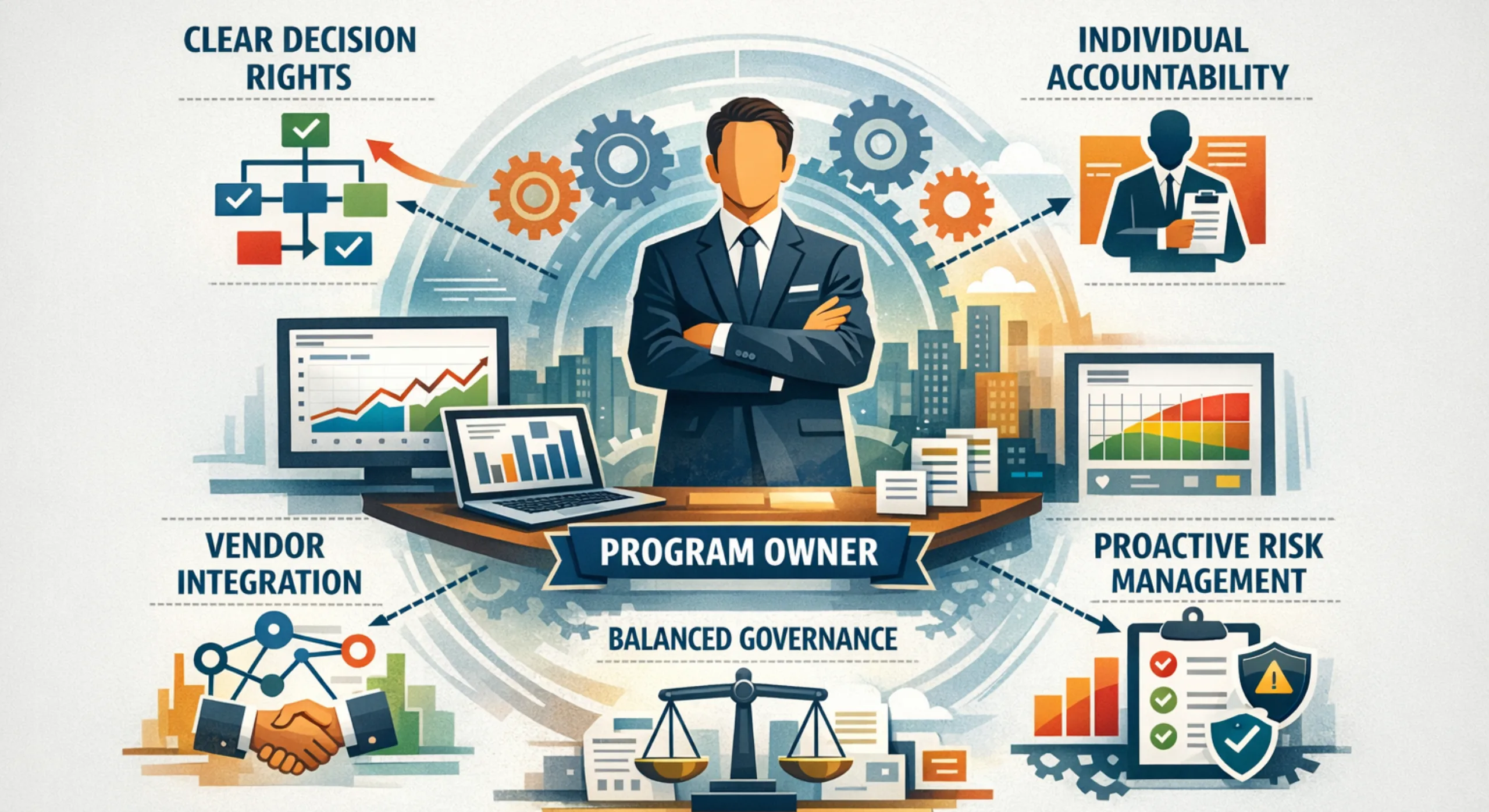 Enterprise program governance framework illustrating decision rights, accountability, vendor management, and leadership oversight in large-scale digital transformation programs