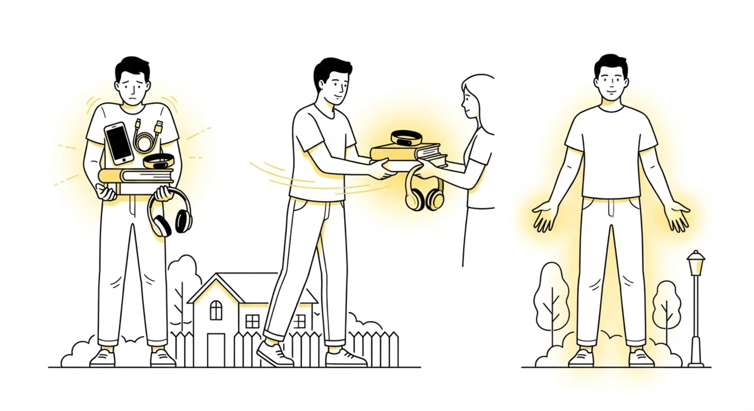 Person selling unused items like gadgets and clothes locally through Sympl, demonstrating easy decluttering, cash recovery, and stress reduction
