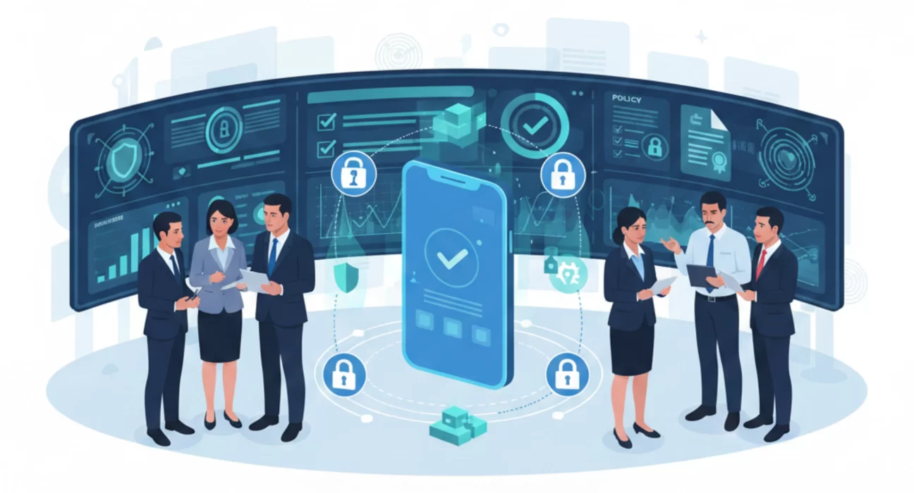Enterprise mobile app security showing secure smartphone, encryption, compliance dashboards, and leadership oversight