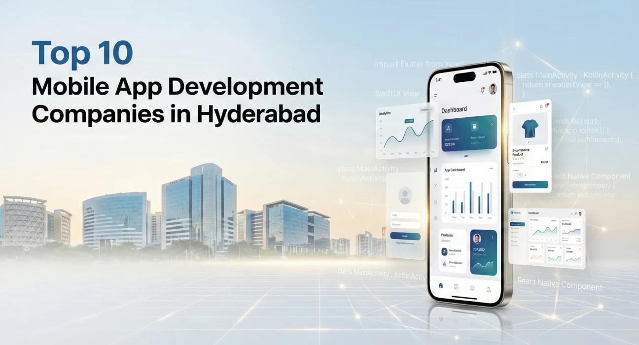 Top 10 mobile app development companies in Hyderabad with HITEC City skyline and smartphone app interface