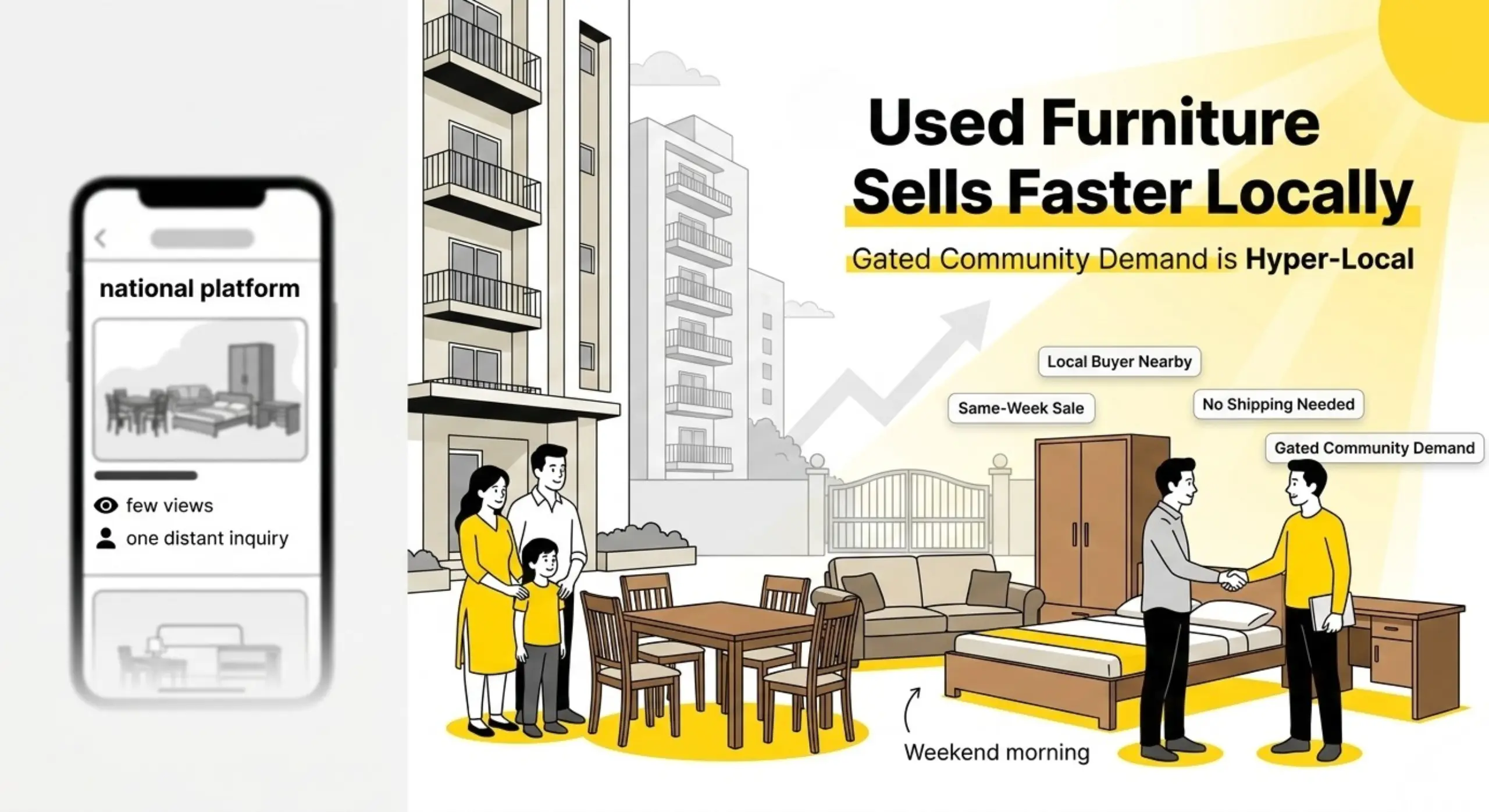 Family selling used sofa, dining table, and wardrobes in a Hyderabad gated community apartment through local classifieds