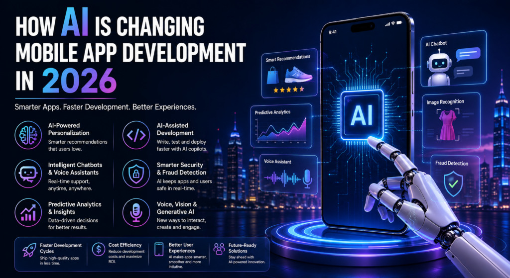 AI mobile app development infographic showing AI-powered personalization, chatbots, predictive analytics, AI-assisted development, security, and voice and vision features.