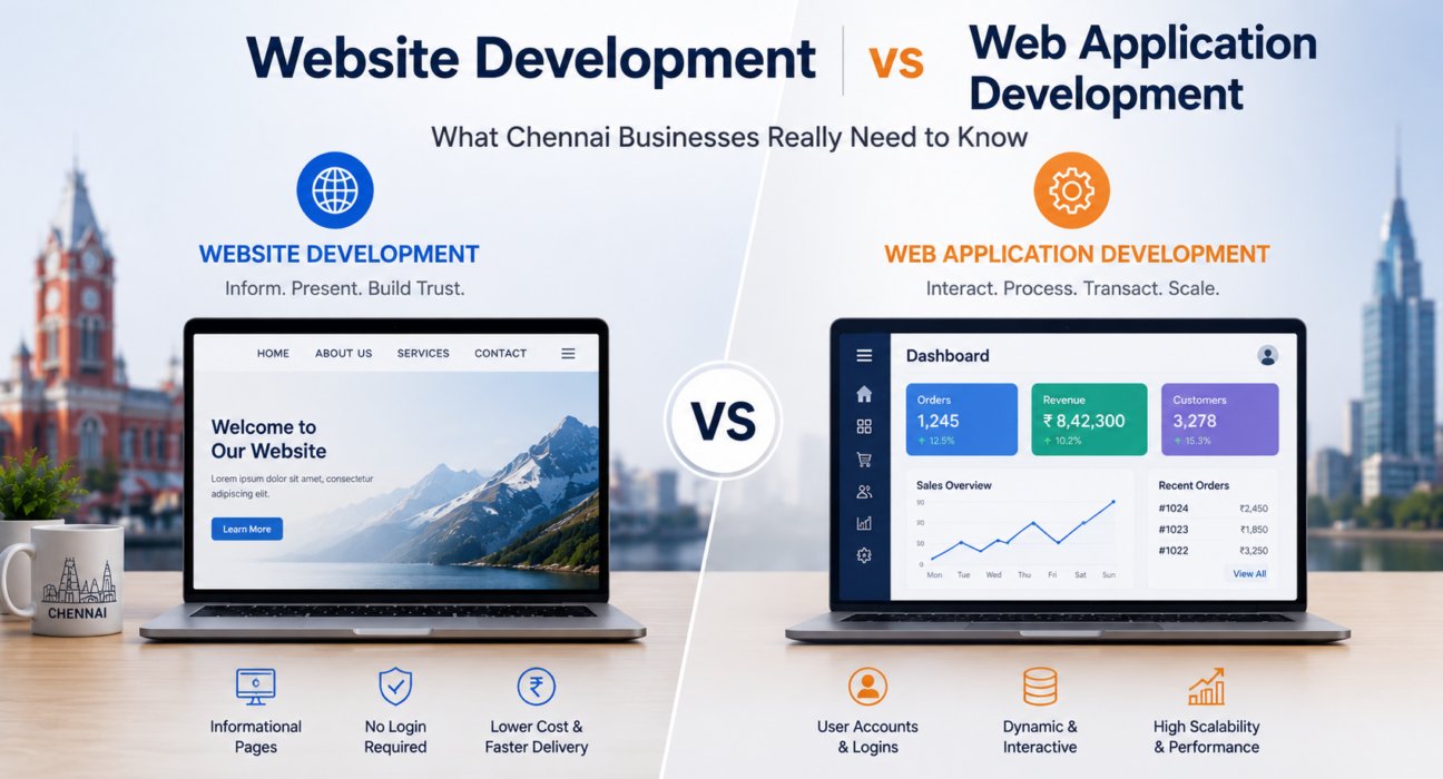 Website development vs web application development comparison showing laptops, dashboards, user accounts, scalability and performance.